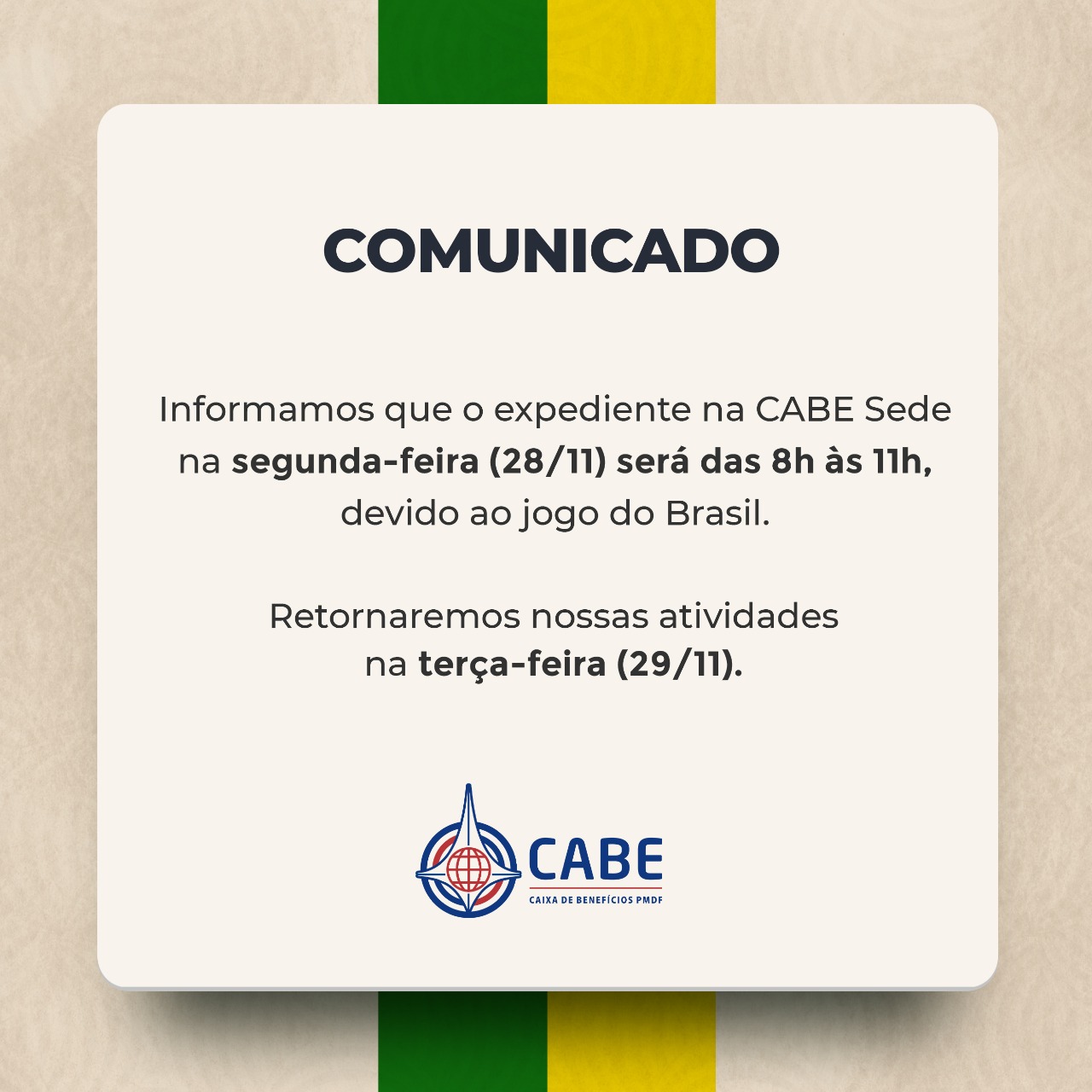 Mudança de horário no expediente da SEDE e do Restaurante nesta segunda-feira