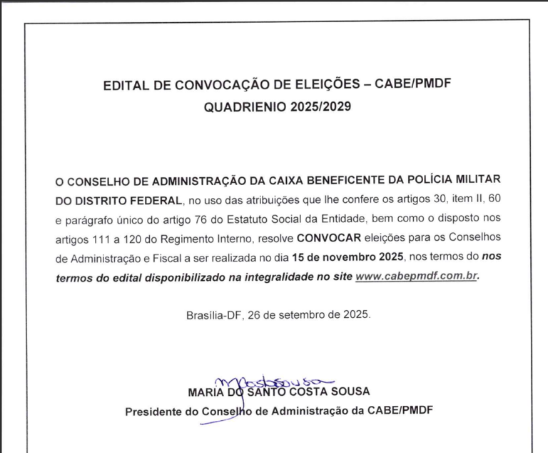 EDITAL DE CONVOCAÇÃO DE ELEIÇÕES – CABE/PMDFQUADRIENIO 2025/2029