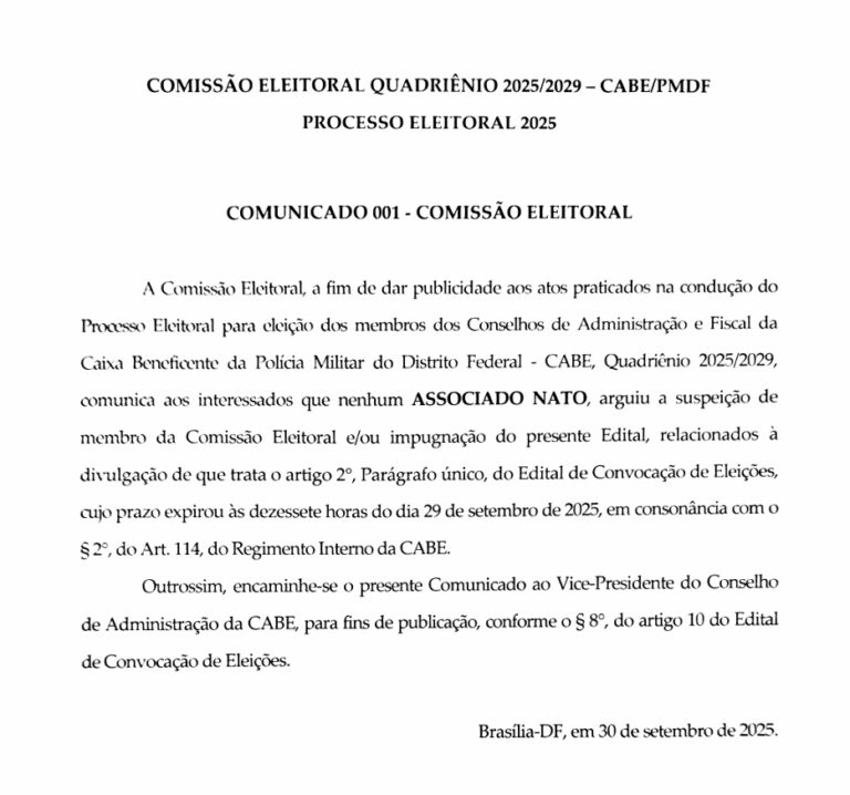COMISSÃO ELEITORAL QUADRIÊNIO 2025/2029 – CABE/PMDFPROCESSO ELEITORAL 2025