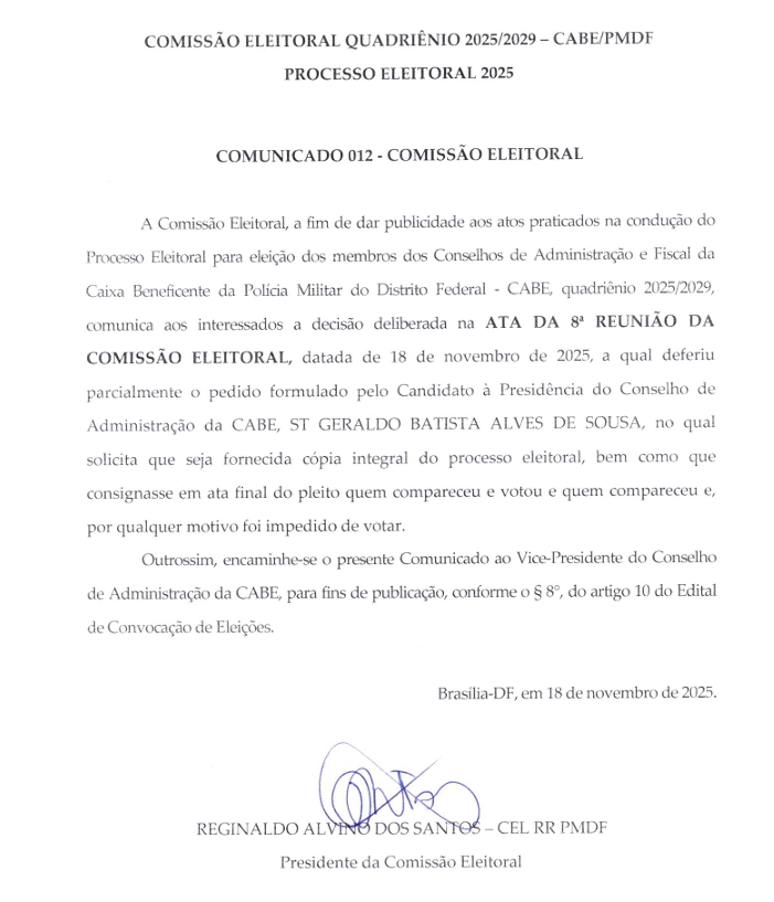 COMUNICADO 012 – COMISSÃO ELEITORAL