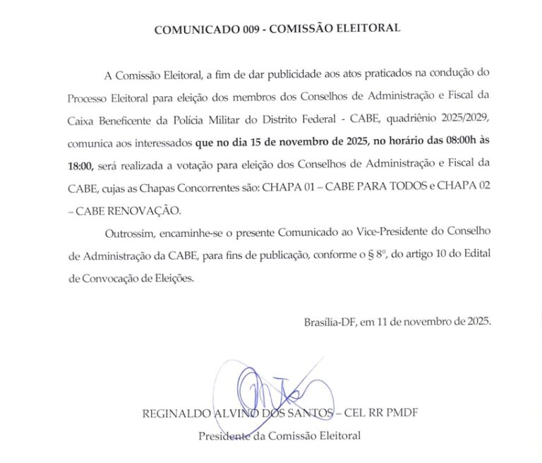 COMUNICADO 009 – COMISSÃO ELEITORAL
