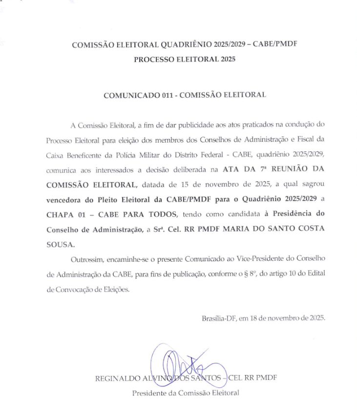 COMUNICADO 011 – COMISSÃO ELEITORAL