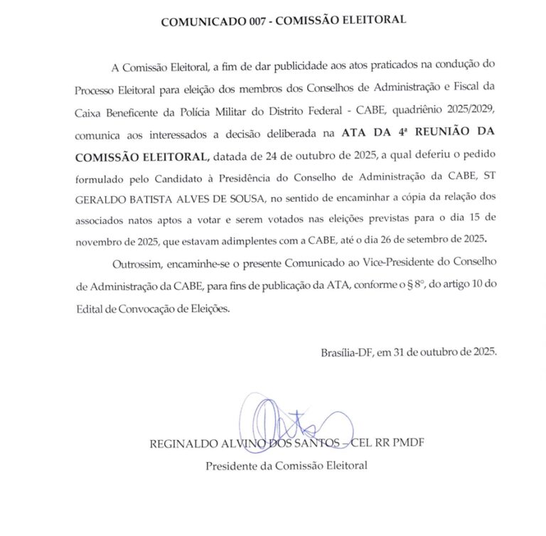 COMUNICADO 007 – COMISSÃO ELEITORAL