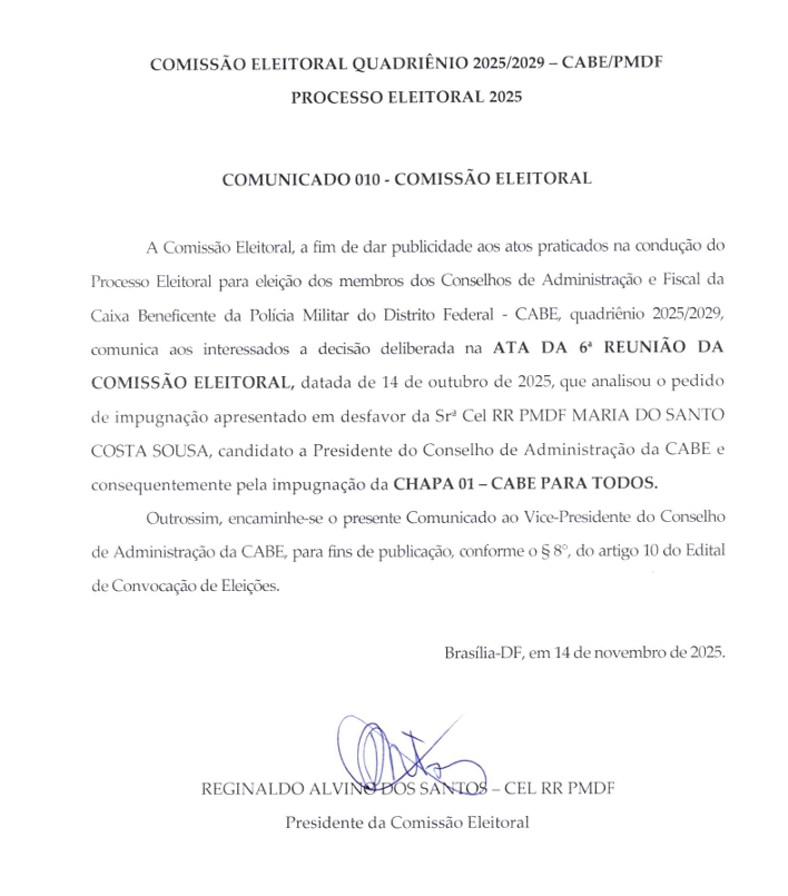 COMUNICADO 010 – COMISSÃO ELEITORAL