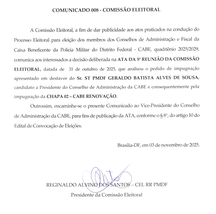 COMUNICADO 008 – COMISSÃO ELEITORAL