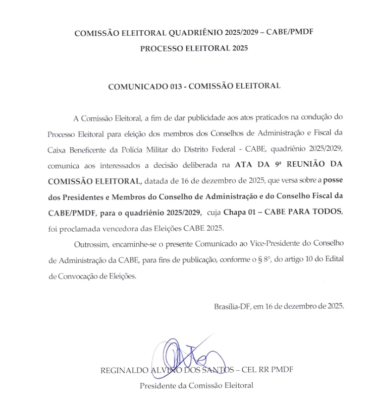 COMISSÃO ELEITORAL QUADRIÊNIO 2025/2029 – CABE/PMDF                      PROCESSO ELEITORAL 2025